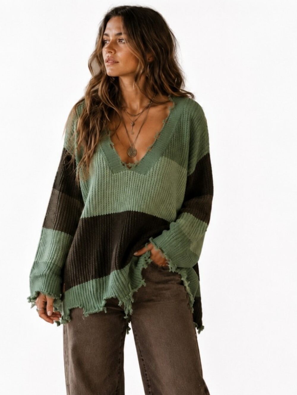 Simply Southern Striped Green/Brown Plunging v neck Cozy knit Boho Sweater sz S